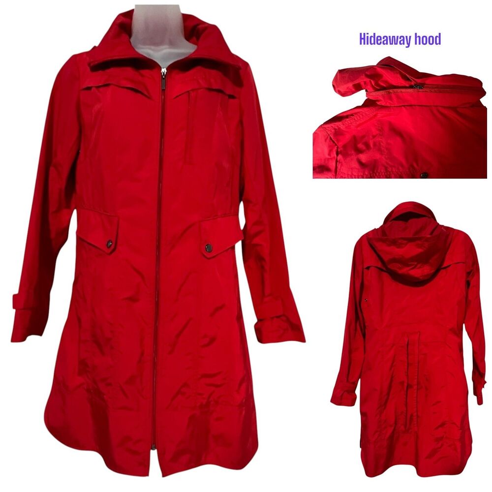 Cole Haan Womens Red Jacket Small Hideaway Hood Nylon Travel Rain Commuter Coat